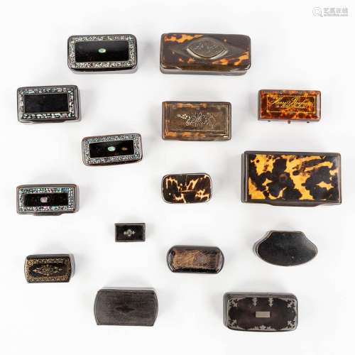 A collection of 15 snuff boxes, mother of pearl and tortoise...