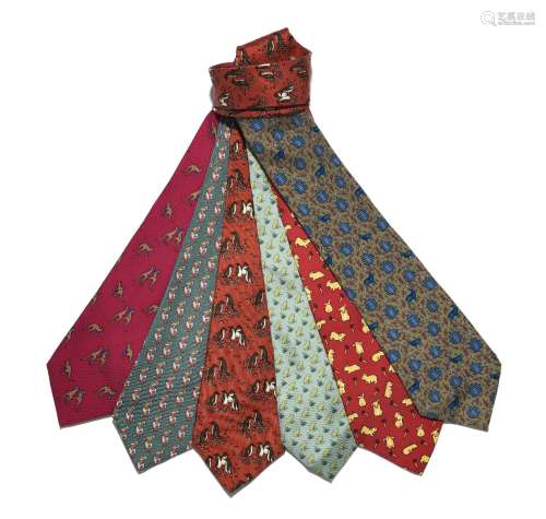 Hermès, 6 cravates en soie à motif animalier: lapins, grenou...