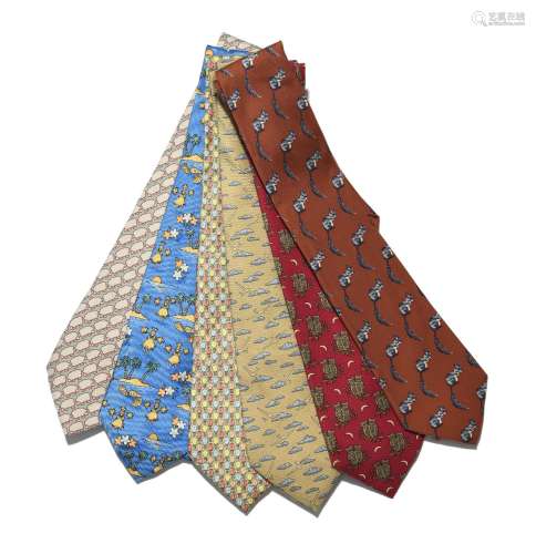 Hermès, 6 cravates en soie à motif de moutons, île tropicale...