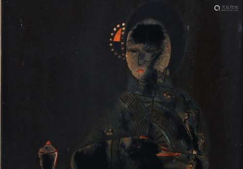 Chine, XXe siècle. Élégante  Peinture sur verre, panneau laq...