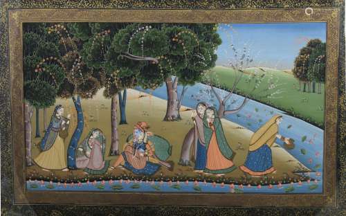 Inde, XXe siècle.   Krishna au bord d'une rivière entouré de...