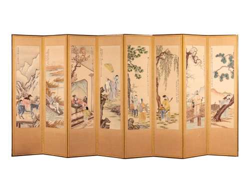 A Korean Eight-Panel Embroidered Silk Screen