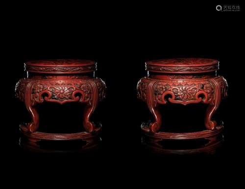 A Pair of Japanese Carved Cinnabar Lacquer Stands