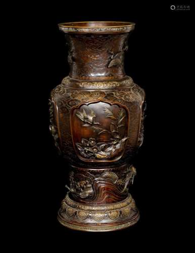 A Japanese Bronze and Mixed-Metal Floor Vase