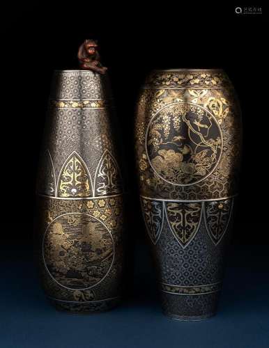 A Pair of Japanese Inlaid Iron   Komai  Vases