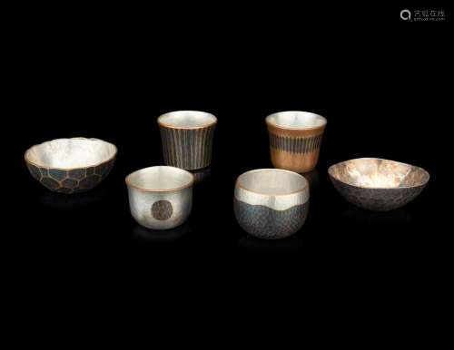 Six Japanese Silver Inset Metal Bowls and Cups
