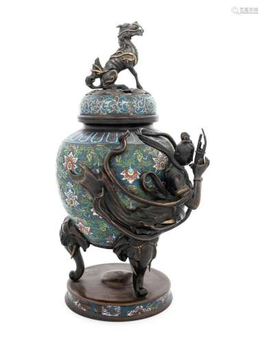 A Japanese Champlevé Enamel Tripod Incense Burner and Cover