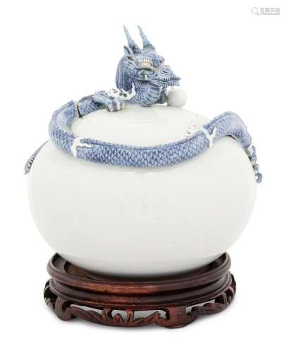 A Japanese Blue and White Porcelain  Dragon  Covered Jar
