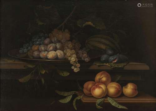 Cercle de Paul Liégois circa 1650-1670<br />
Pêches, raisins...