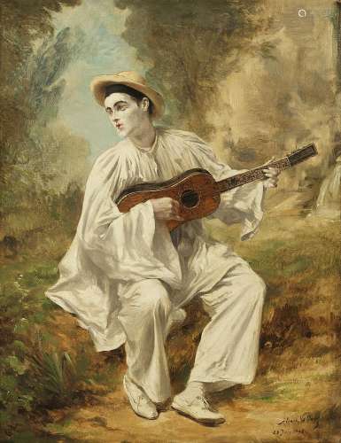 Alexis Vollon (1865-1945)<br />
Pierrot à la guitare, huile ...