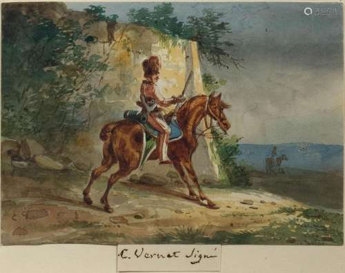 CARLE VERNET(Bordeaux 1758-1836 Paris)Hussard à cheval.Aquar...