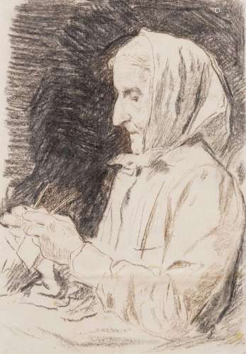 ALBERT ANKER(1831 Ins 1910)Vieille femme tricotant.Craie noi...