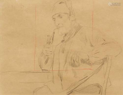 ALBERT ANKER(1831 Ins 1910)Paysan fumant la pipe.Craie noire...