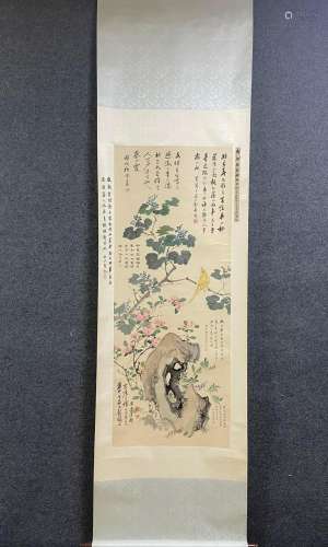 A Vertical-hanging Flower and Bird Chinese Ink Painting Core...