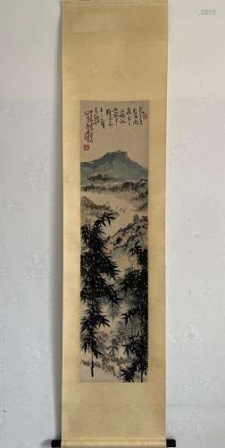 A Vertical-hanging Landscape Chinese Ink Painting by Pan Tin...