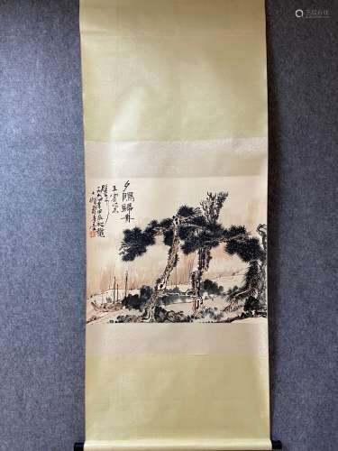 A Vertical-hanging Pine Tree Chinese Ink Painting by Pan Tia...