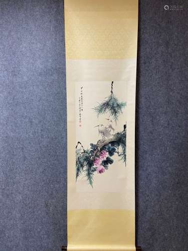 A Vertical-hanging Flower and Bird Chinese Ink Painting by Y...
