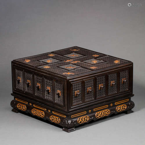 CHINESE QING DYNASTY MAHOGANY INLAID BOXWOOD TREASURE CHEST