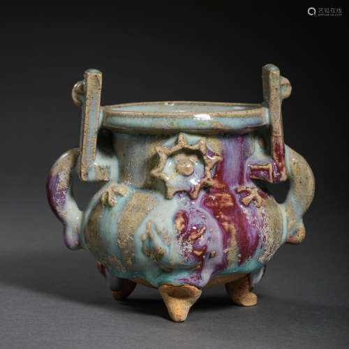 CHINESE JIN DYNASTY JUN WARE SKY BLUE GLAZE HANGING RED THRE...