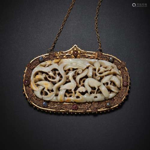 CHINESE LIAO DYNASTY SILVER GILT FILIGREE INLAID WHITE JADE ...