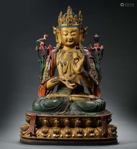 CHINESE MING DYNASTY GILT BRONZE AND PAINTED BUDDHA SEATED S...