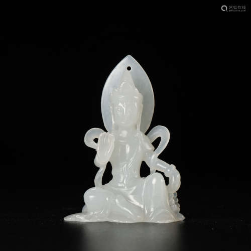 CHINESE QING DYNASTY HETIAN JADE GUANYIN STATUE