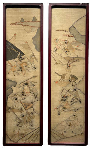 Pair Chinese Embroidered Hanging Panels of Figural Story