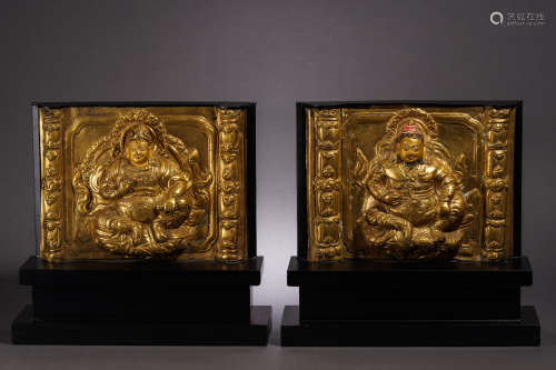 A Rare Pair Tibetan Bronze-gilt Guardians