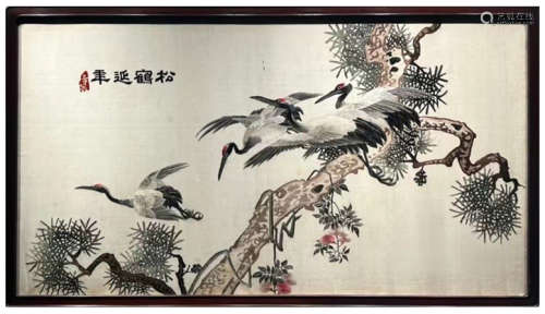 A Chinese Embroidered Hanging Panel of Cranes on Pine
