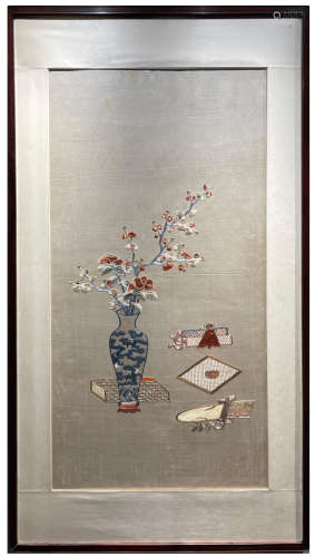 A Chinese Embroidered Hanging Panel of Antiques
