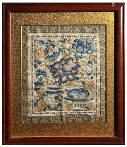 A Chinese Embroidered Hanging Panel of Florals and Antiques