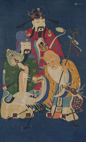 A Chinese Kesi Embroidered Hanging Panel of Gods of Longevit...