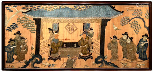 A Chinese Embroidered Hanging Panel of Figural Story