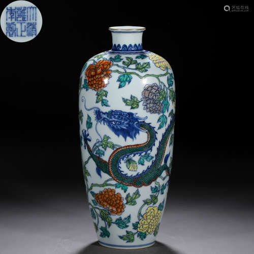 A Chinese Famille Verte Dragon Among Peony Scrolls Vase