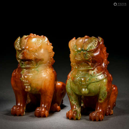 Pair Chinese Carved Jade Mythical Beasts