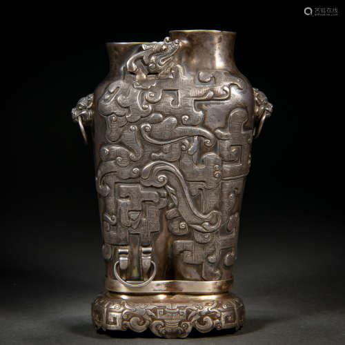 A Chinese Archaic Silver Chilong Vase