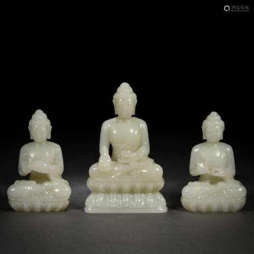 A Set of Three Carved Jade Trinity Buddha