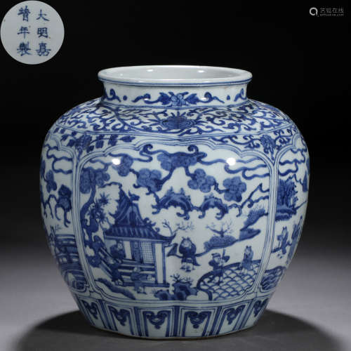 A Chinese Blue and White Figural Story Jar