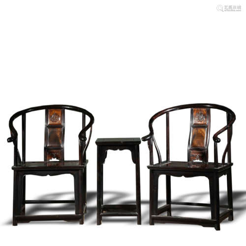 Pair Chinese Gold-rimmed Nanmu Armchairs and Low Table