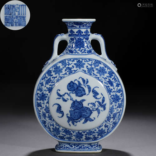 A Chinese Blue and White Peaches Moon Flask