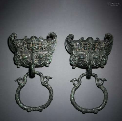 Pair Chinese Copper Alloy Beast Handles