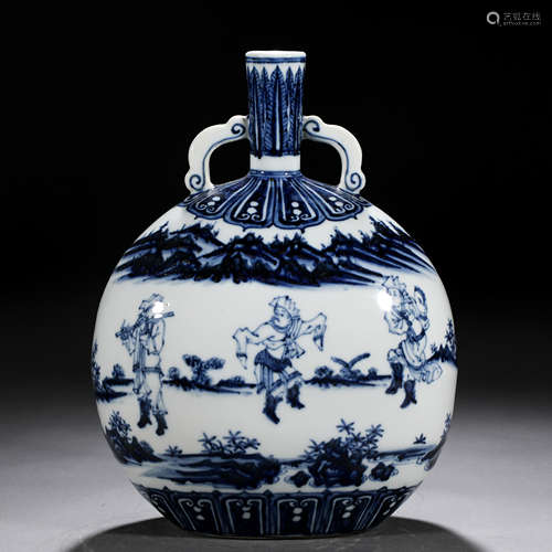 A Chinese Blue and White Figural Story Vase Bianhu