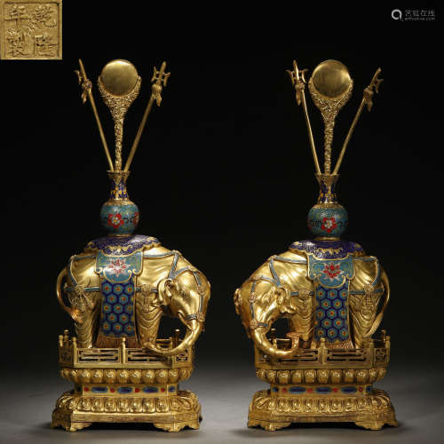 Pair Chinese Cloisonne Enamel Elephant Spill Vases