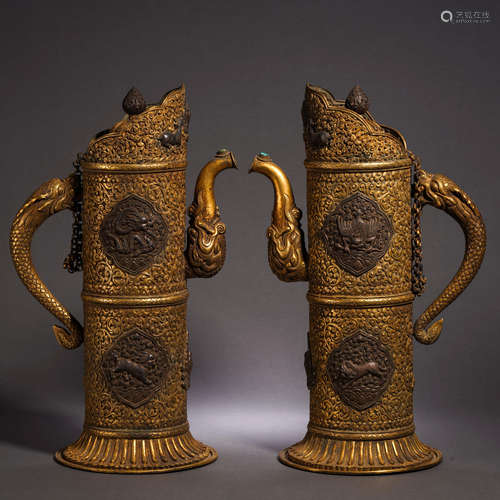 Pair Tibetan Bronze-gilt Kettle Duomuhu