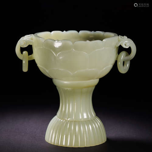 A Chinese Carved Jade Cup with Double Handles