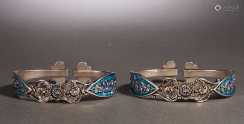Pair Chinese Enameled Silver Bangles