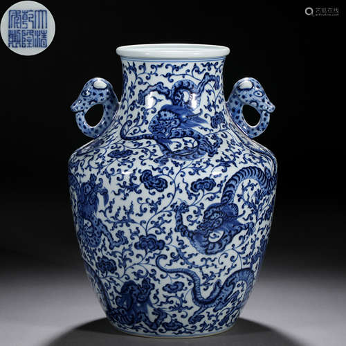 A Chinese Blue and White Dragons Zun Vase