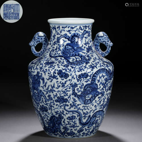 A Chinese Blue and White Dragons Zun Vase