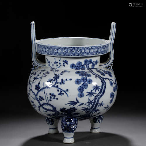 A Chinese Blue and White Pine Bamboo and Plum Tripod Censer