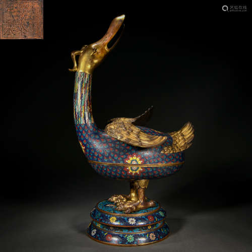 A Chinese Cloisonne Enamel Goose Form Incense Burner